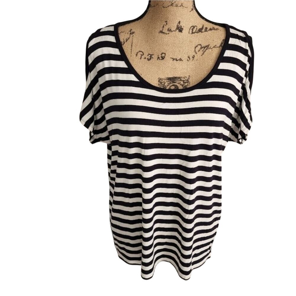 Michael Kors Black White Striped Cold Shoulder Scoop Neck Top Tee
